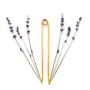 textured hammered brass hair pin loop end for topknots buns made in california by mane message