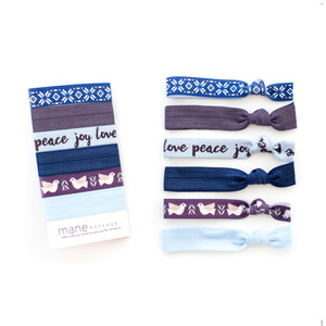 blue and grey holiday themed hair ties perfect for gifting